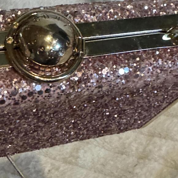 Henri Bendel Flip Lock Glitter Party Box Purse Pink Clutch Gold Shoulder Bag